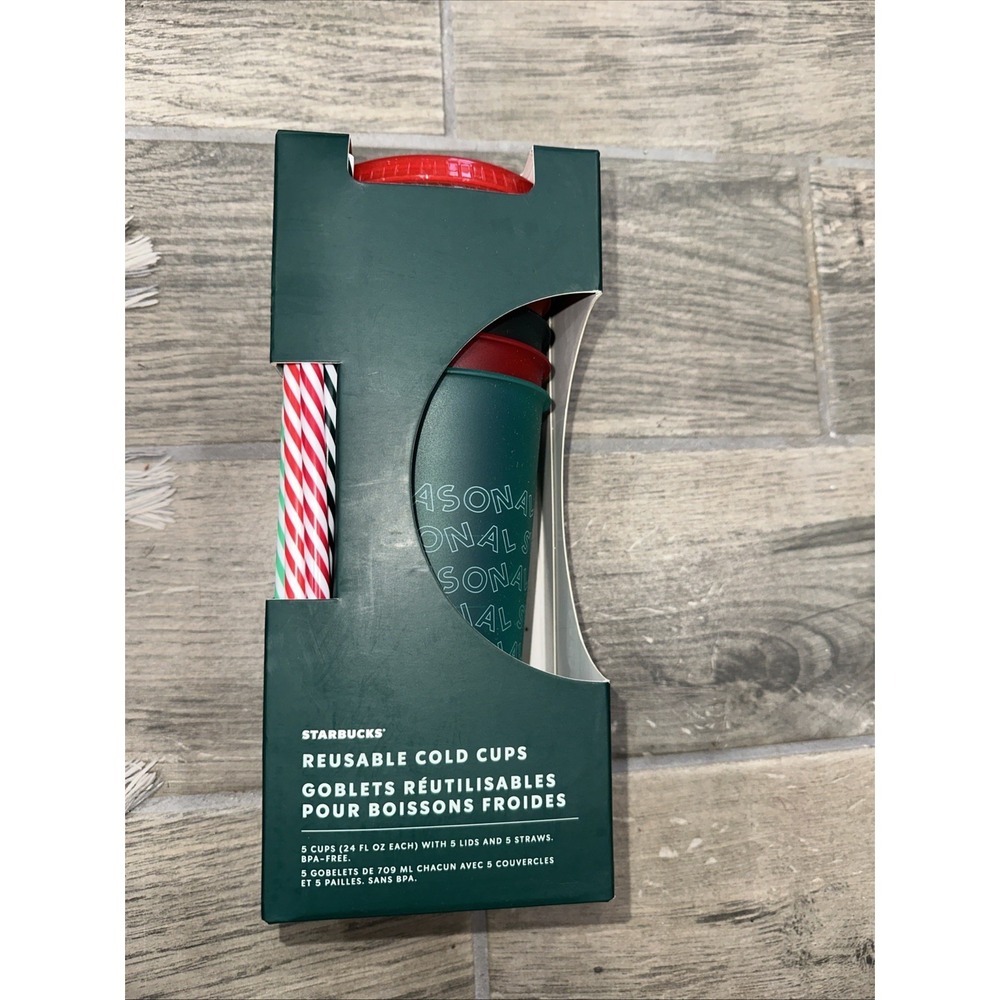 NEW Starbucks 2019 Holiday Christmas Reusable Cold Cups With Straws 24oz 5 Pack